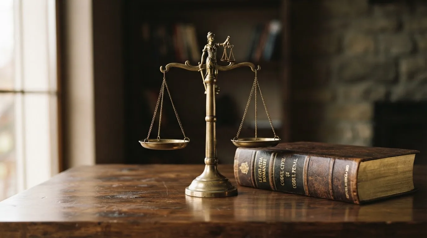 Balanță din alamă a justiției pe un birou de lemn, lângă o carte legată în piele, în lumină lină.