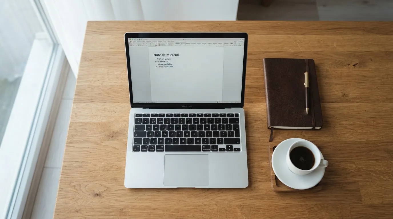 Birou luminos cu laptop deschis, un carnet închis și o ceașcă de cafea, văzute de sus în lumina dimineții.